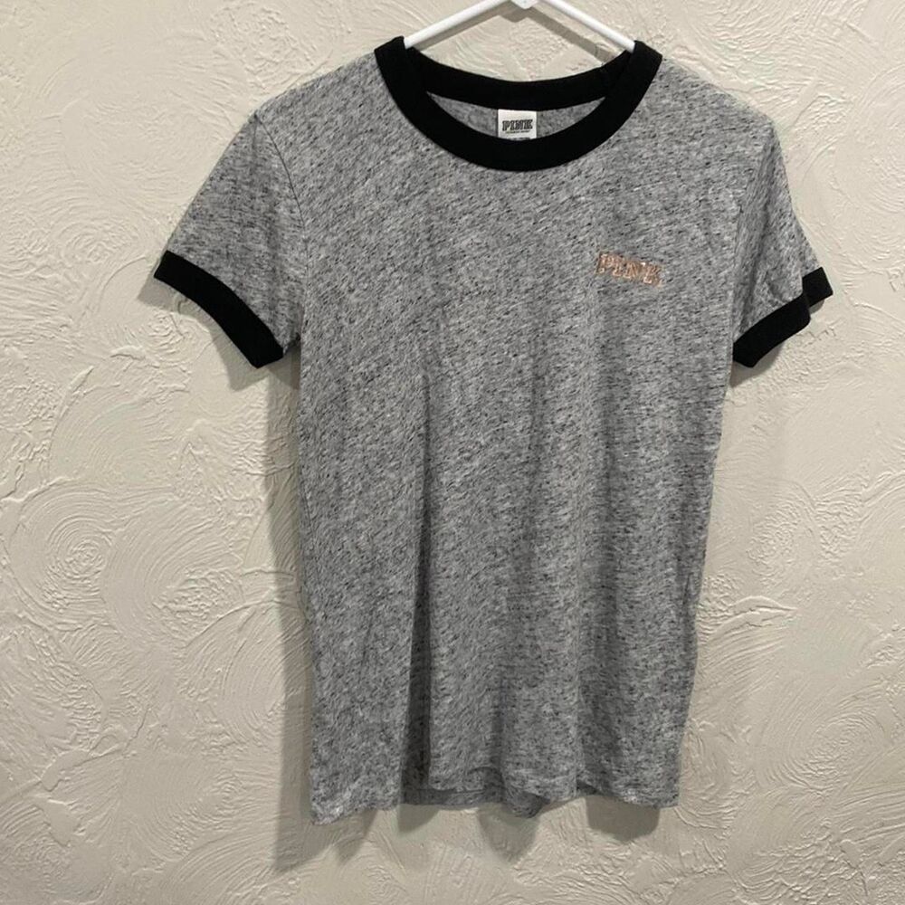 Victoria-s-secret-pink Women's Grey and Black T-shirt